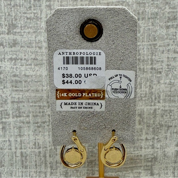 NWT Anthropologie 14k Gold Plated Looped Stone Huggie Hoop Earrings in Black - Picture 3 of 3